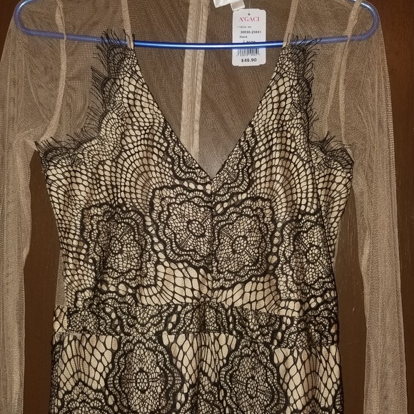 A'GACI black lace cream mesh long sleeve dress new with tags large - Picture 3 of 6